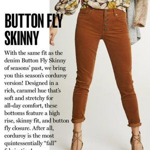 Cabi button fly skinny cords, Size 2